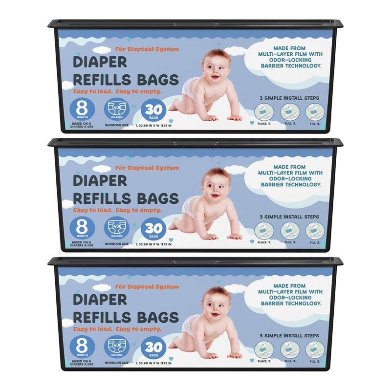 Fununcat Diaper Pail Refills Bags with 30 Bags Compatible with Genie Easy Roll Signature Diaper Pails and Platinum Diaper Pails, Lasts Up to 8 Months, 7-Layer Odor-Barrier Technology, 3 Pack (90 Bags) - Image 1